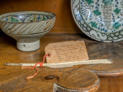 A quill pen lays on a wooden cabinet. Behind it is a plate with leaves and grapes leaning against the wooden cabinet. A small bowl with a more pointed tip is also behind the feather stylis.